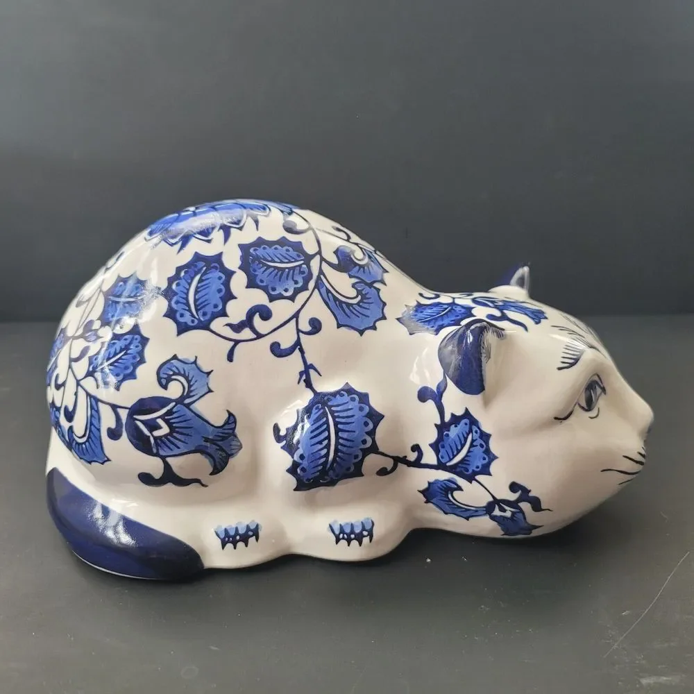 Cobalt Blue & White Chinoiserie Porcelain Cat Floral Chintz Design 10x5x5" Vtg - Picture 5 of 12